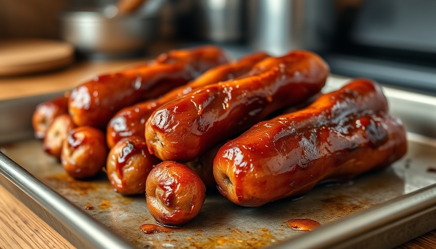 Delicious hotdog burnt ends glazed on a baking tray with barbecue sauce.