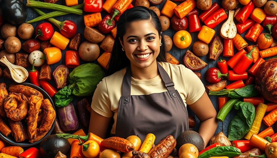 Smiling woman with BBQ Cajun Broil, colorful vegetables.