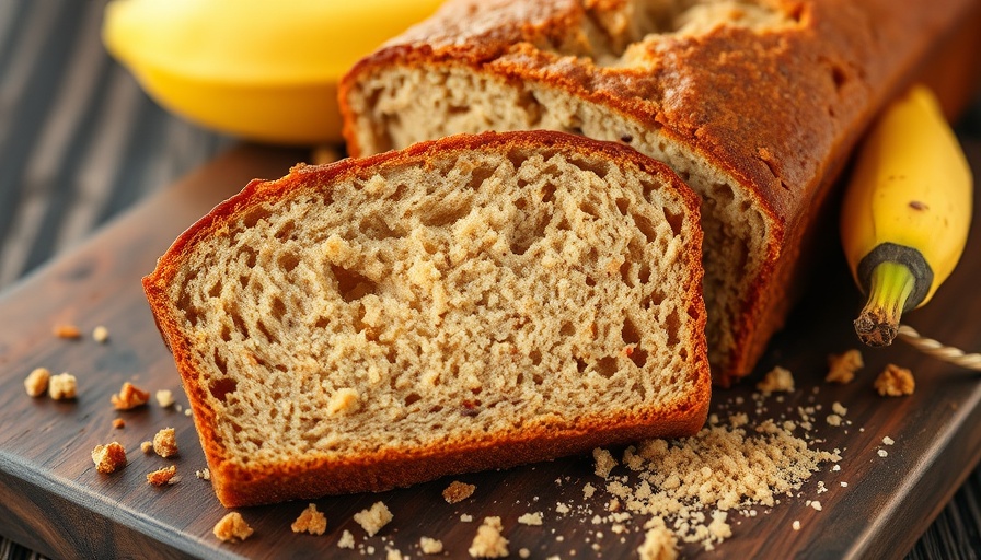 Easy moist banana bread slices with ripe banana on board.
