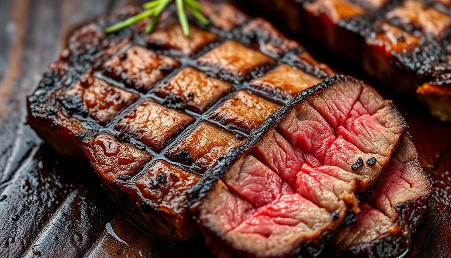 Juicy ribeye steak cooked to perfection on a dark surface.