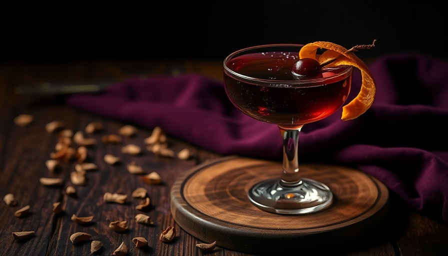 Moody cocktail and garnish, perfect for a Wednesday watch party.