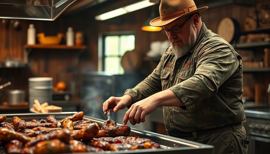 Texas pitmaster at Meat Church preparing barbecue, rustic setting.