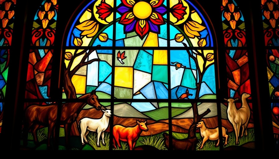Stained glass art of barn and animals, Traeger and Meat Church BBQ.