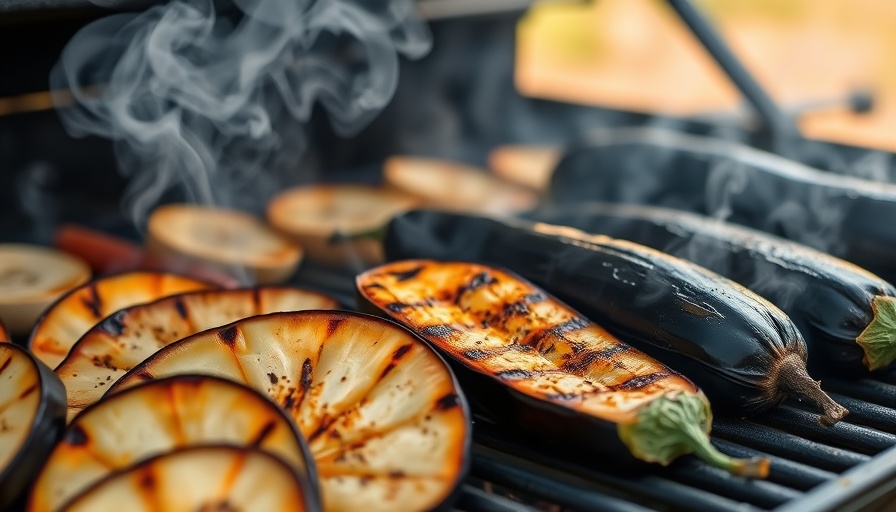 Grilling root vegetables and eggplant on BBQ grill with smoke rising.