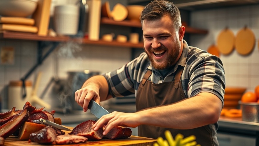 Energetic man slicing brisket in a cozy kitchen, showcasing home brining tips.