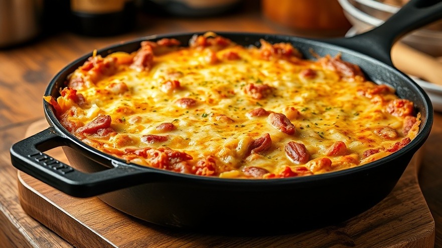 Delicious corned beef dip in a skillet, perfect for BBQ gatherings and cozy comfort food.