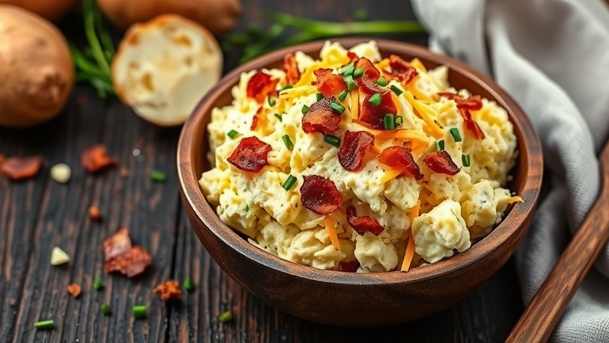 Creamy loaded baked potato salad in a rustic bowl, perfect for BBQ side dishes.