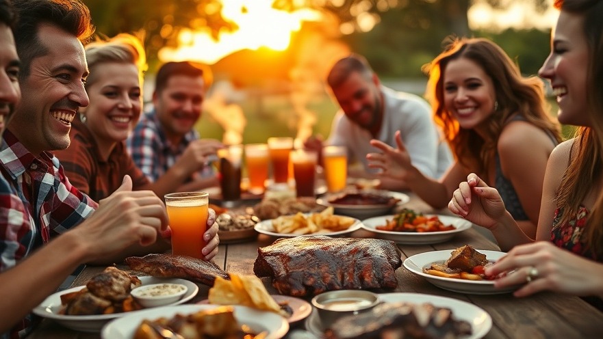 Friends enjoying BBQ baby back ribs at sunset, sharing grilling techniques and BBQ tips.