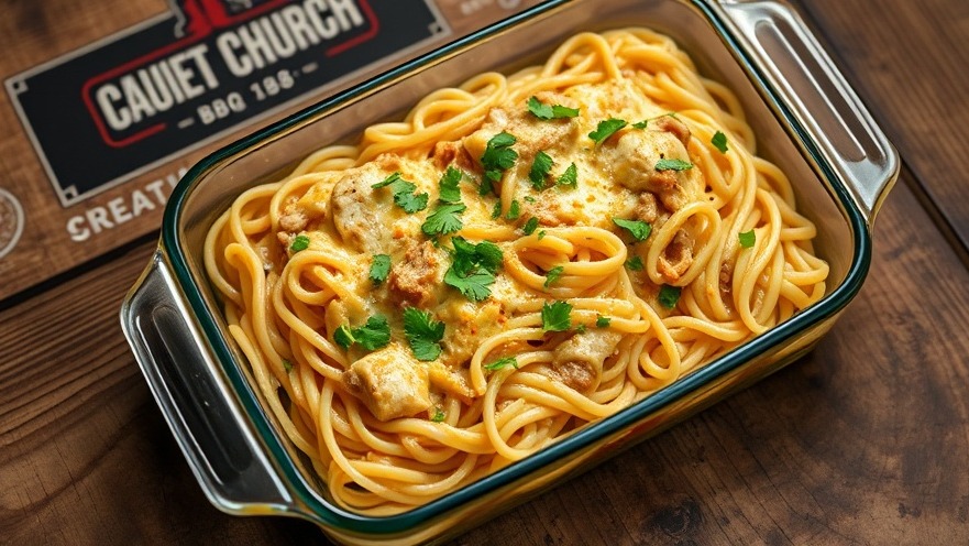 Homemade smoked turkey tetrazzini in a glass dish, comfort food for family meals.