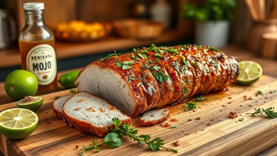 Mojo marinated pork loin on a wooden board, perfect for wild hog recipes.