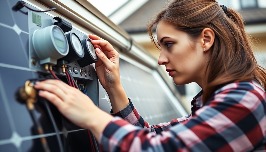 Woman installing solar panels for energy efficiency.