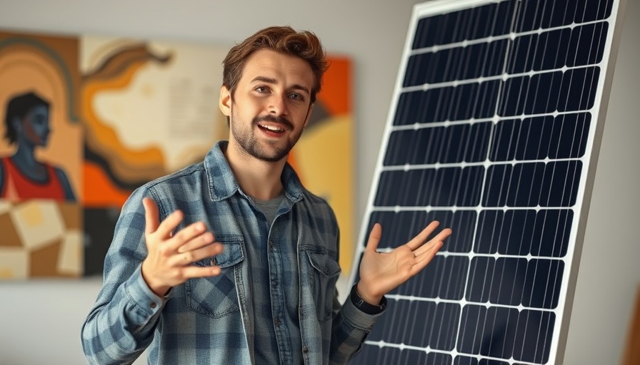 Young man explains solar panel quotes indoors, warm setting.