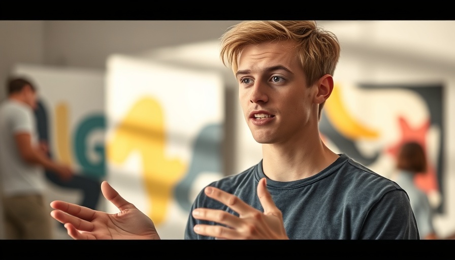 Casual young man explaining indoors with abstract art background.