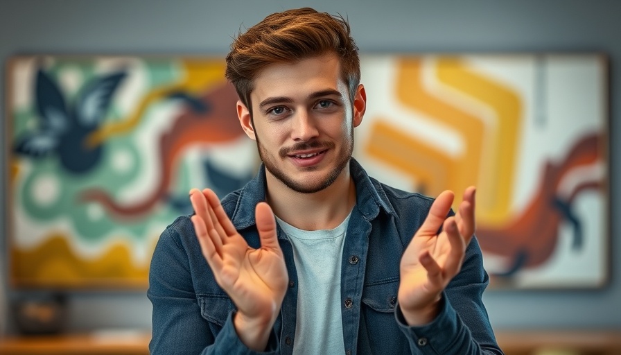 Young man clapping hands indoors with abstract art background.