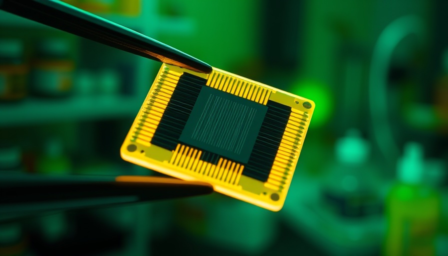 Close-up of a perovskite solar cell in a lab setting, vivid lighting.