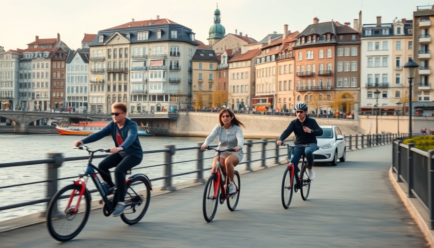 Voi e-bike expansion in Paris with cyclists on riverside path.
