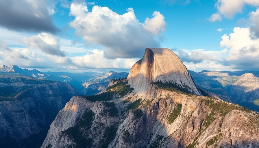 Expansive view of Half Dome cliff under dynamic skies.