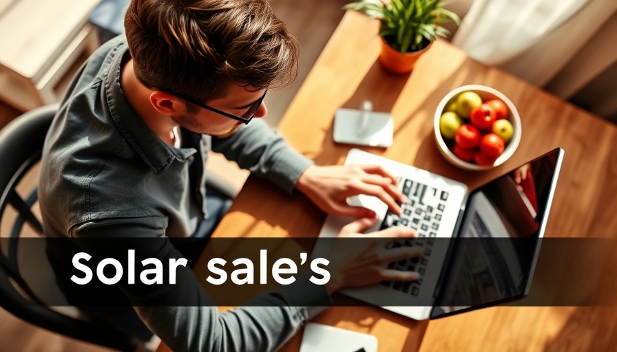 Make 300k in solar: person working on laptop with text overlay.