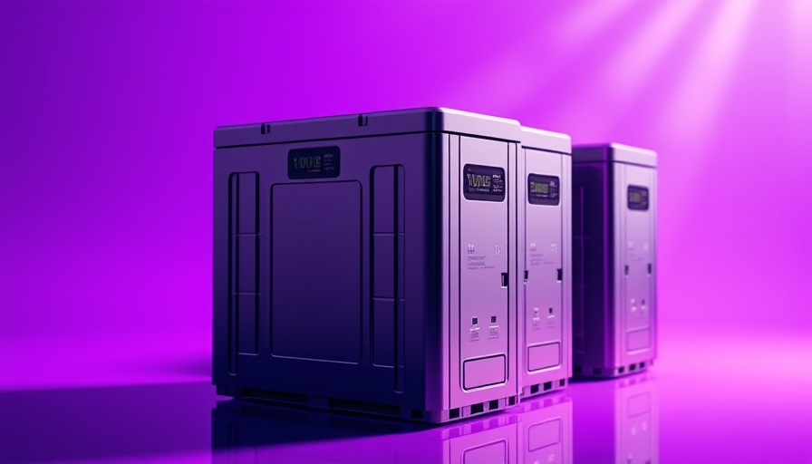 Modern residential solar batteries with branding on purple background.
