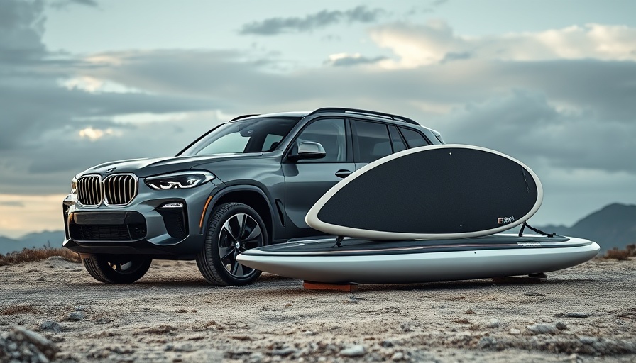 Sleek BMW electric paddleboard and SUV on rugged terrain with dramatic sky.