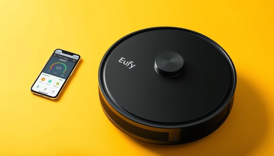 Eufy robot vacuum with smartphone on bright yellow background.