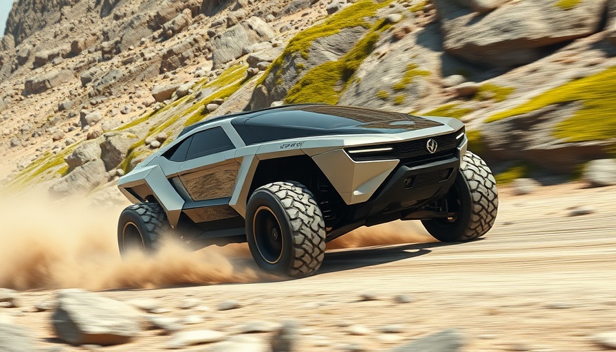 Futuristic Cybertruck driving energetically on rugged road, highlighting sales decline.