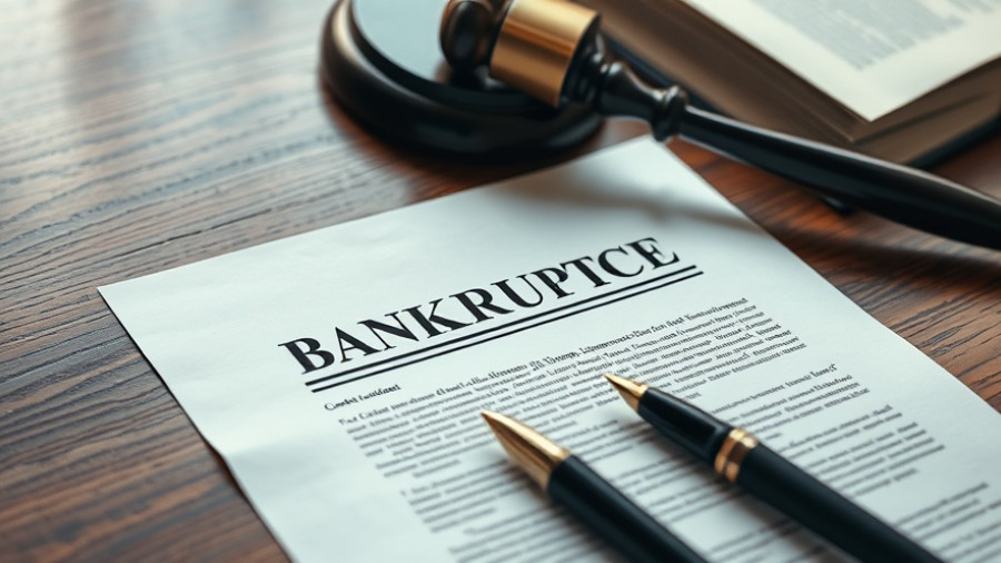 Artistic image of a bankruptcy document with gavel and pen.