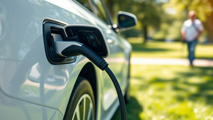 Close-up of EV charging plug connected to car in sunny park.