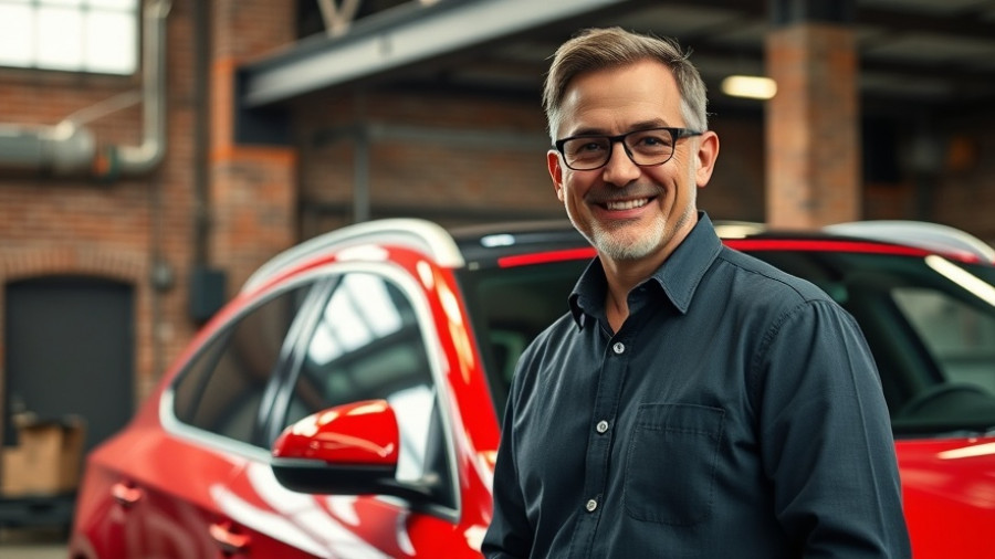Jim Baumbick in a blue suit next to a red car.