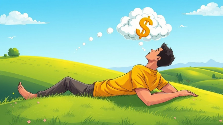 Illustrative scene of a man dreaming of life-changing money with dollar cloud.