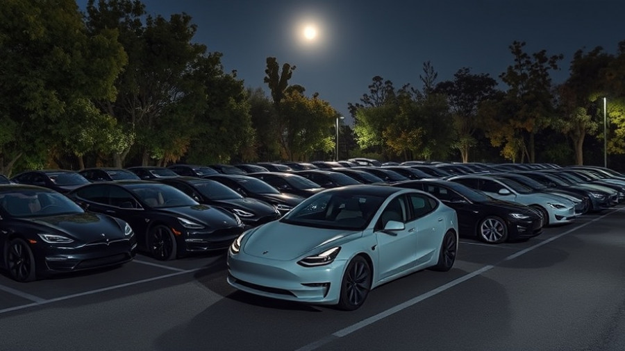 Array of Tesla cars at night, illustrating Tesla Q3 Growth Sustainability.