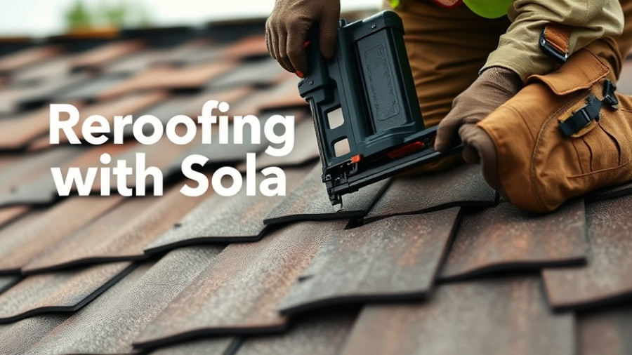 Worker installing roof shingles with nail gun, reroofing with solar tips.