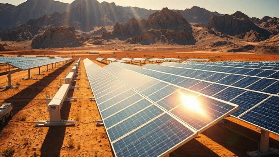 Solar panels aligned in desert landscape capturing energy.
