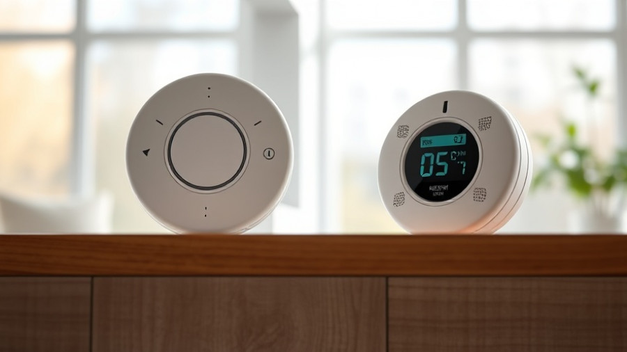 Modern carbon monoxide detectors showcased on a wooden shelf, 2025.