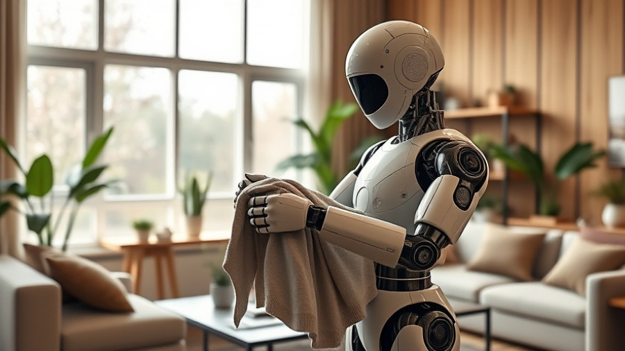 Futuristic humanoid home robot in a modern living room.