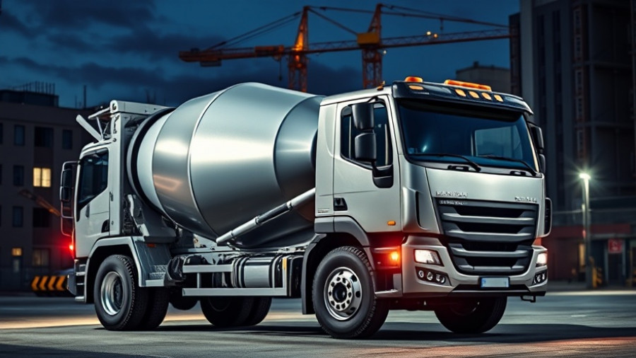 Modern cement mixer truck in industrial setting at night, highlighting European truck manufacturers.