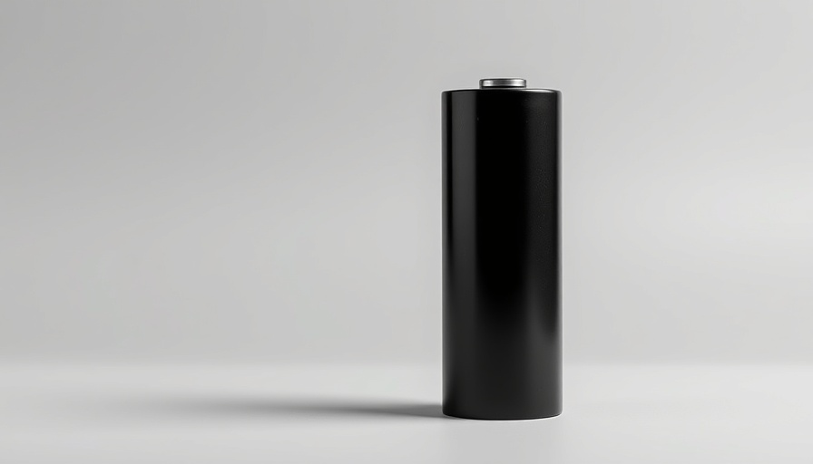 Sleek black cylindrical battery from CustomCells on gray background.