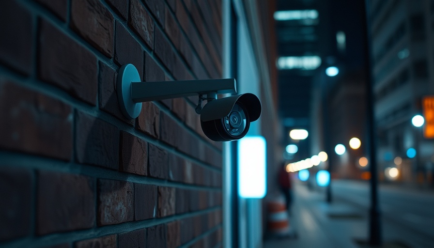 High-tech security camera with lights mounted on a wall at night.