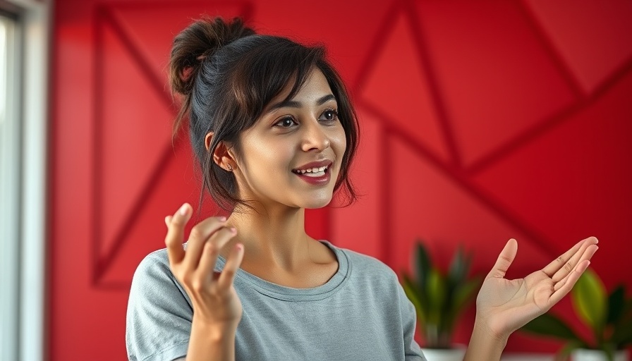 Young woman speaking indoors with red background, discussing solar panel performance.