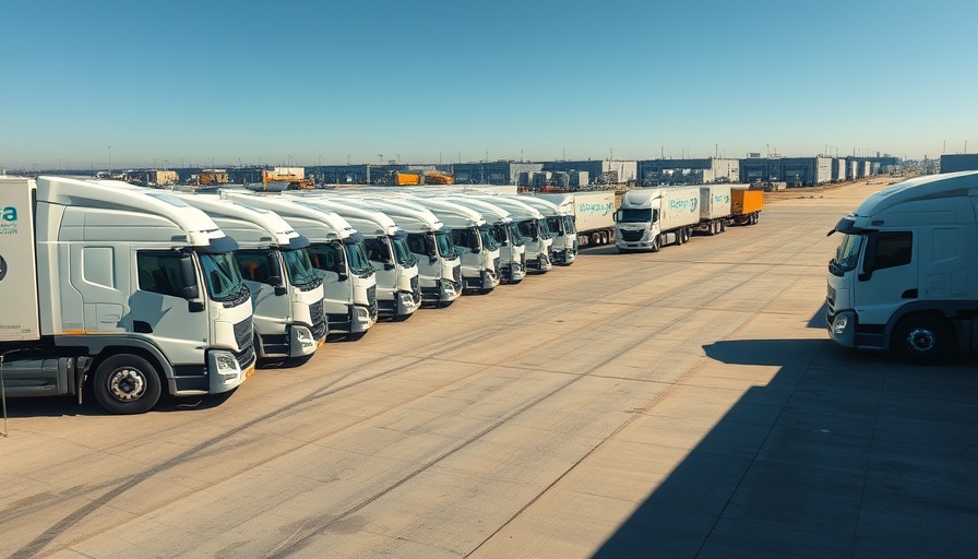 Nikola hydrogen trucks lined up for auction in industrial setting.