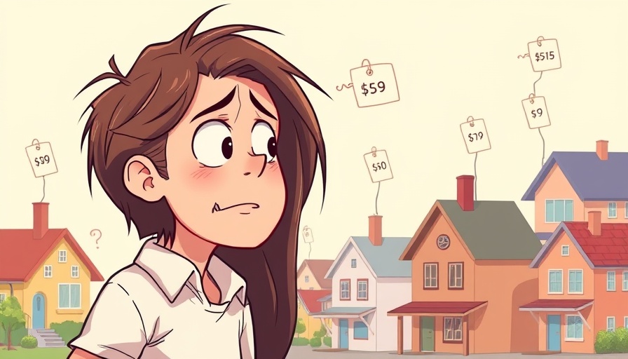 Cartoon: Person pondering house options with price tags.