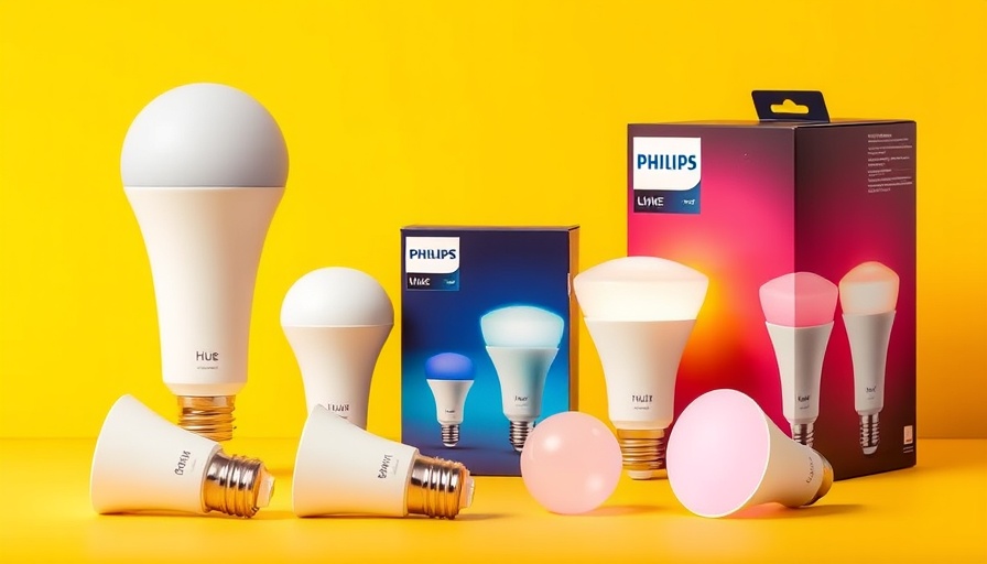 Philips Hue Smart Lights and packaging on a yellow background.
