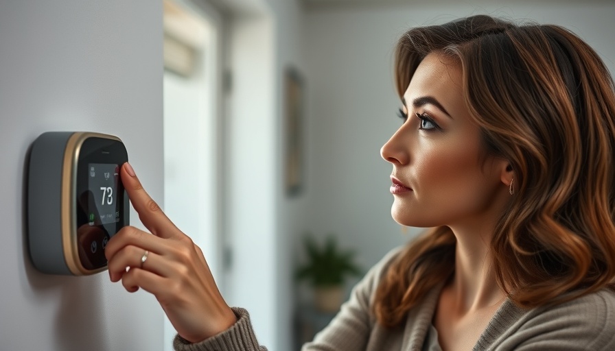 Woman adjusts smart thermostat indoors for energy savings.