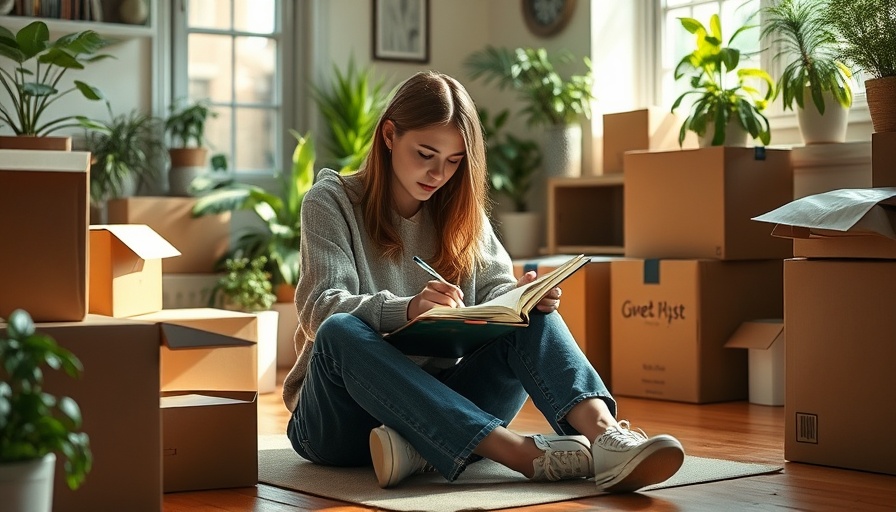 Young woman organizing home inventory among boxes, sunlit room.