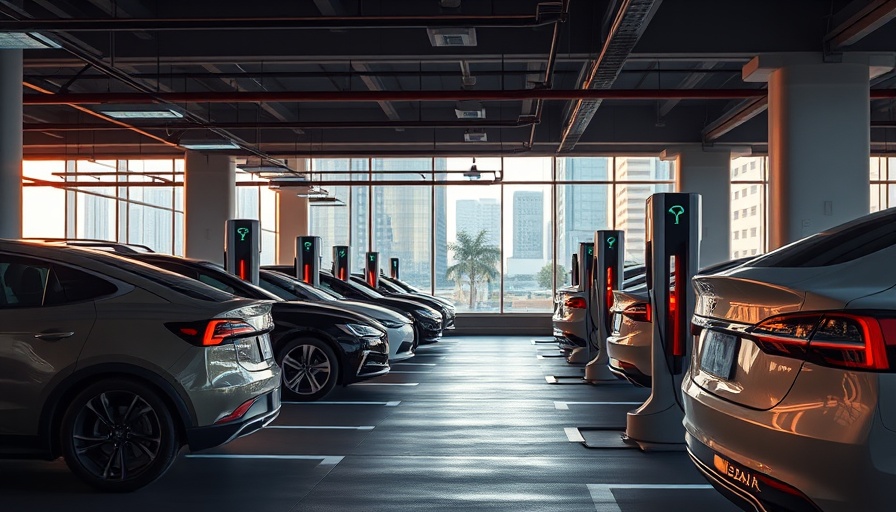 Electric vehicle charging stations in parking garage, fleet management concept.