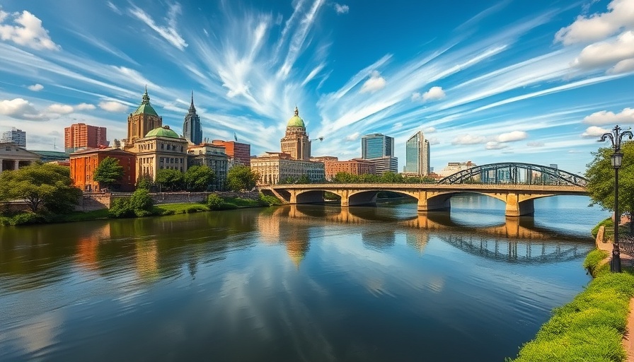 Ohio net metering vibrant cityscape Columbus river reflection.