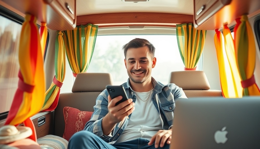 Young man in van using phone, highlights security recommendations for van life.