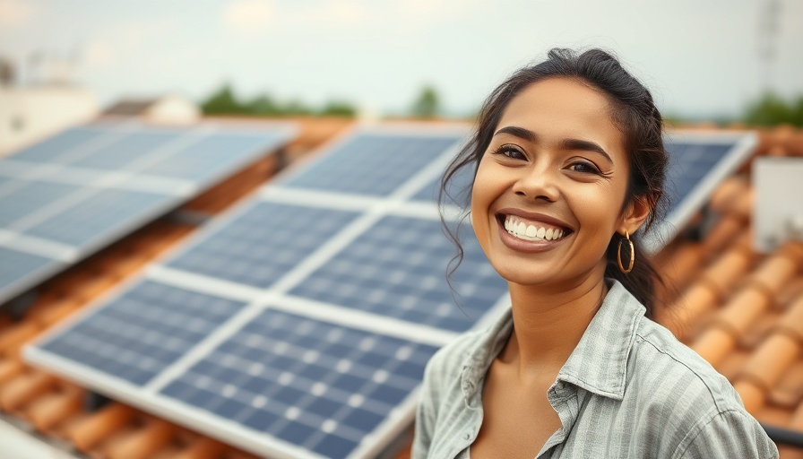 Cheerful woman promoting solar energy for homeowners, rooftop solar panels.