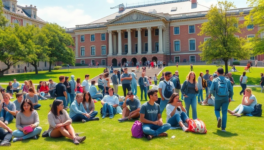 Crowded college campus with students enjoying a sunny day.