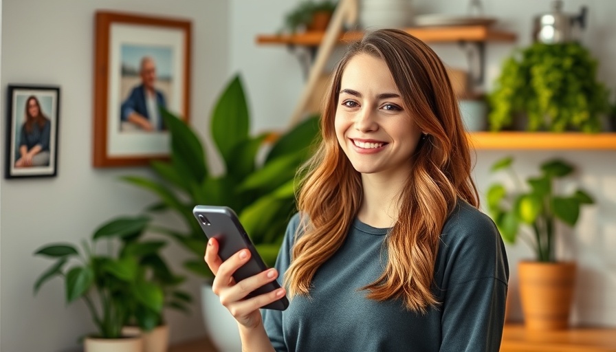 Smiling woman with phone in sunny kitchen, solar energy theme.